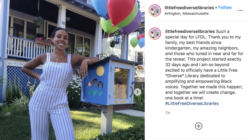 Instagram photo of Sarah Kamya with her Little Diverse Library 